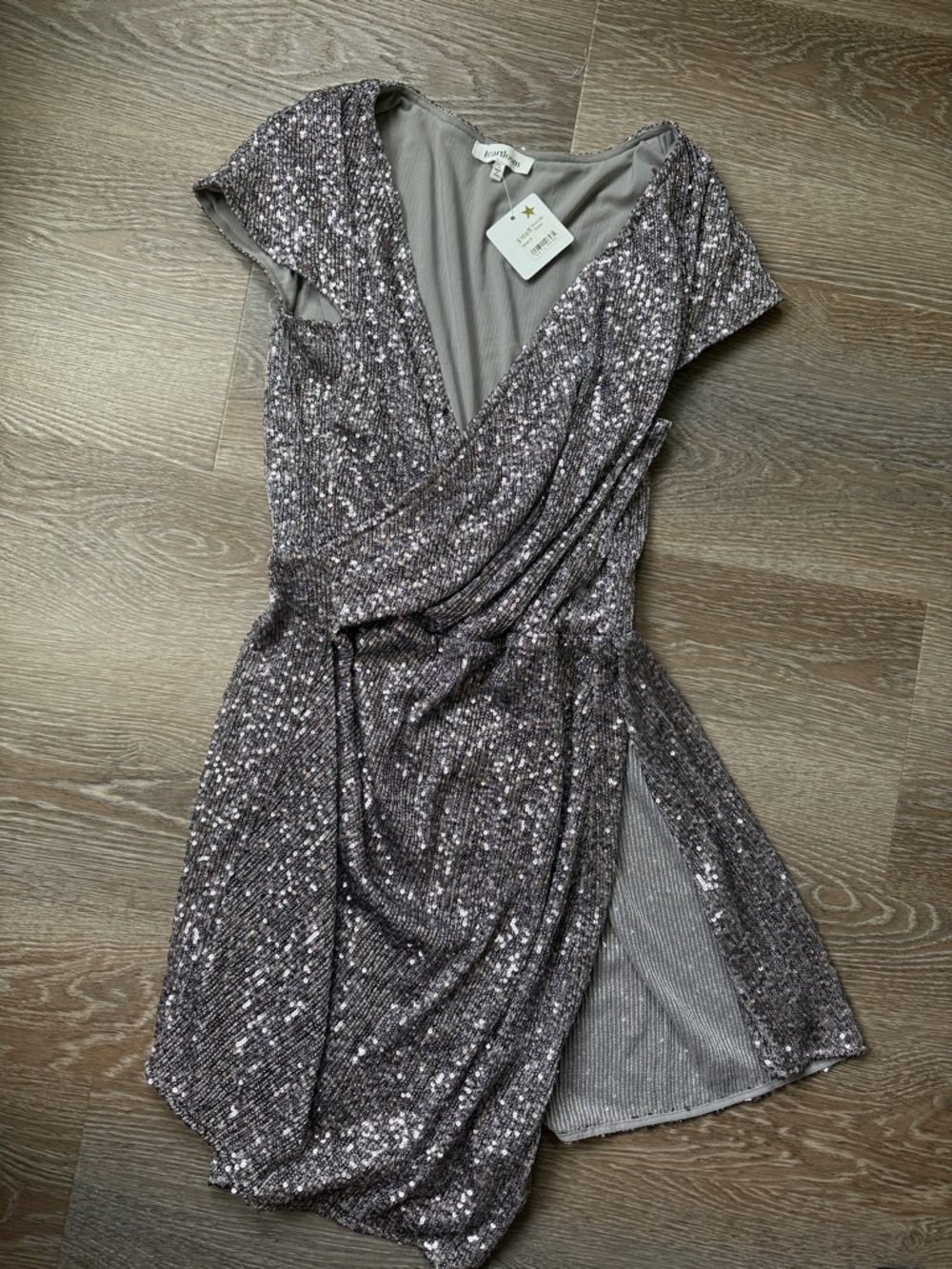 Heartloom Silver Sequin Wrap Mini Dress size small NWT
